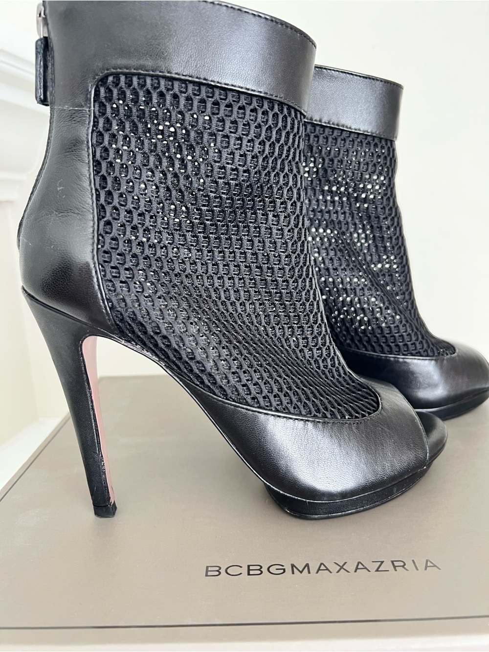 BCBGMaxAzria Black Leather & Mesh Peep-Toe Stiletto Booties